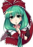  1girl bow frilled_ribbon frills front_ponytail green_eyes green_hair hair_bow hair_ribbon kagiyama_hina long_hair long_ribbon puffy_short_sleeves puffy_sleeves red_bow red_ribbon ribbon saku_ran4 short_sleeves solo touhou white_background wrist_ribbon 