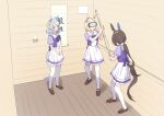  3girls :&lt; admire_vega_(umamusume) animal_ears black_hair blindfold blocking blonde_hair blue_eyes blush brown_eyes commentary_request full_body grey_hair highres hishi_miracle_(umamusume) horse_ears horse_tail katuko_deluxe multiple_girls narita_top_road_(umamusume) open_mouth ponytail poster_(object) school_uniform standing tail thigh-highs toushirou_(sugarwhite1046) tracen_school_uniform trapped umamusume 