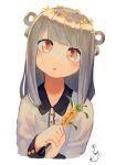  1girl :o flower grey_hair hair_flower hair_ornament hair_rings head_tilt holding holding_flower looking_at_viewer medium_hair original osmanthus signature simple_background solo two_side_up upper_body white_background yellow_eyes yukitsukumo 