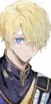  1boy black_jacket blonde_hair blue_eyes closed_mouth commentary_request frown hair_over_one_eye hoshino_aquamarine jacket looking_at_viewer male_focus oshi_no_ko short_hair simple_background solo star-shaped_pupils star_(symbol) symbol-shaped_pupils u_u5385 upper_body white_background 
