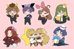  4boys 4girls beer_mug black_jacket black_pants blonde_hair blue_eyes blue_hair brown_eyes brown_hair charmmy_kitty charmmy_kitty_(cosplay) chesed_(project_moon) cosplay cup gebura_(project_moon) green_hair gudetama hairband highres hod_(project_moon) jacket kiki_(little_twin_stars) kiki_(little_twin_stars)_(cosplay) kuromi kuromi_(cosplay) lala_(little_twin_stars) lala_(little_twin_stars)_(cosplay) lobotomy_corporation long_hair malkuth_(project_moon) mu46016419 mug multiple_boys multiple_girls my_melody my_melody_(cosplay) netzach_(project_moon) pants pink_background pompompurin pompompurin_(cosplay) project_moon purple_hair redhead sanrio simple_background tiphereth_a_(project_moon) tiphereth_b_(project_moon) very_long_hair yellow_hairband yesod_(project_moon) 