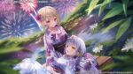  2girls aerial_fireworks assault_lily blonde_hair blue_flower blurry blurry_foreground blush braid closed_mouth commentary_request dutch_angle eye_contact fireworks floral_print flower grey_hair hair_flower hair_ornament hand_on_another&#039;s_head hand_on_own_stomach hand_up japanese_clothes kimono knees_up kon_kanaho lap_pillow light_blush lily_pad long_hair long_sleeves looking_at_another looking_down looking_up lying miyagawa_takane multiple_girls night obi official_alternate_costume official_alternate_hairstyle official_art on_back outdoors parted_lips pink_flower pond print_kimono purple_kimono sash short_hair side_braid sitting smile violet_eyes water water_lily_flower watermark weri white_flower white_kimono yellow_eyes yellow_flower yukata 