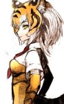  1girl animal_ears blonde_hair elbow_gloves extra_ears gloves ise_(0425) kemono_friends looking_at_viewer looking_back necktie shirt short_hair simple_background skirt smile solo sumatran_tiger_(kemono_friends) tail tiger_ears tiger_girl tiger_tail yellow_eyes 