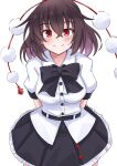  1girl absurdres arms_behind_back black_bow black_bowtie black_hair black_skirt bow bowtie closed_mouth commentary_request highres looking_at_viewer medium_hair pom_pom_(clothes) red_eyes red_headwear shameimaru_aya short_hair short_sleeves simple_background skirt smile solo touhou white_background yuuka_(a0240765) 