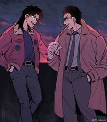  2boys backlighting belt black_belt black_eyes black_hair bomber_jacket brown_coat cigarette clouds coat collared_shirt commentary_request endou_yuuji facial_hair feet_out_of_frame goatee grey_jacket grey_necktie grey_pants grey_shirt hand_in_pocket inudori itou_kaiji jacket kaiji long_hair looking_at_another male_focus medium_bangs multiple_boys necktie open_clothes open_coat open_jacket open_mouth pants parted_bangs patch pink_sky profile shirt short_bangs short_hair sky smile smoke smoking sunglasses sunset teeth upper_teeth_only very_short_hair 