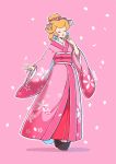  1girl alternate_costume blonde_hair closed_eyes earrings footwear_request full_body hair_ornament highres japanese_clothes jewelry kimono medium_hair pink_background pink_kimono princess_peach saiwo_(saiwoproject) simple_background solo sphere_earrings super_mario_bros. 
