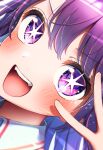  1girl :d aruminsuko blush close-up collar commentary_request hair_between_eyes highres hoshino_ai_(oshi_no_ko) looking_at_viewer open_mouth oshi_no_ko purple_hair smile solo sparkle star-shaped_pupils star_(symbol) symbol-shaped_pupils teeth upper_teeth_only v v_over_eye violet_eyes white_collar 