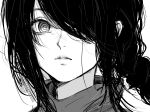  1girl braid chainsaw_man greyscale hair_over_one_eye inoitoh long_hair looking_at_viewer monochrome nayuta_(chainsaw_man) parted_lips portrait ringed_eyes sidelocks simple_background single_braid solo turtleneck white_background 