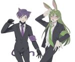  2boys animal_ear_fluff animal_ears black_gloves black_jacket black_pants blush cat_boy cat_ears cat_tail collared_shirt gloves green_hair green_necktie highres jacket lobotomy_corporation long_hair long_sleeves mu46016419 multiple_boys necktie netzach_(project_moon) open_mouth pants paw_pose project_moon purple_hair rabbit_boy rabbit_ears rabbit_tail shirt simple_background tail very_long_hair white_background white_shirt yellow_eyes yesod_(project_moon) 