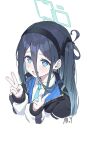  1girl aris_(blue_archive) black_hair black_hairband blue_archive blue_eyes blue_halo blue_necktie double_v hair_between_eyes hairband halo highres long_hair looking_at_viewer myung_yi necktie side_ponytail simple_background solo upper_body v white_background 