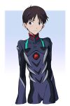  11kkr 1boy black_bodysuit blue_background blue_eyes blush bodysuit border brown_hair closed_mouth commentary_request gradient_background highres ikari_shinji looking_to_the_side male_focus neon_genesis_evangelion number_print outside_border parted_bangs purple_bodysuit short_hair simple_background smile solo standing two-tone_bodysuit white_border 