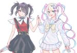  2girls :d ame-chan_(needy_girl_overdose) black_hair black_nails black_ribbon black_skirt blonde_hair blood blood_on_knife blue_bow blue_eyes blue_hair blue_nails blue_shirt blue_skirt bow breasts chouzetsusaikawa_tenshi-chan collar collared_shirt commentary_request cowboy_shot dual_persona hair_bow hair_ornament hair_over_one_eye hair_tie hairclip hand_up heart heart_hair_ornament highres holding holding_hands holding_knife holographic_clothing kashino_uta knife long_hair long_sleeves looking_at_viewer multicolored_hair multicolored_nails multiple_girls nail_polish neck_ribbon needy_girl_overdose open_mouth pink_bow pink_hair pink_nails pleated_skirt purple_bow quad_tails red_nails red_shirt ribbon sailor_collar school_uniform serafuku shirt shirt_tucked_in simple_background skirt small_breasts smile standing suspender_skirt suspenders twintails very_long_hair violet_eyes white_background white_collar x_hair_ornament yellow_bow yellow_nails 