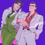  2boys black_eyes black_hair blazer blue_necktie cigarette closed_mouth coat commentary_request cowboy_shot gin_to_kin green_jacket green_pants hair_slicked_back hands_in_pockets holding holding_cigarette inudori itou_kaiji jacket kaiji long_hair long_sleeves looking_at_viewer low_ponytail male_focus medium_bangs medium_hair morita_tetsuo multiple_boys necktie open_clothes open_jacket open_mouth pants parted_bangs purple_background red_shirt shirt simple_background smile smoke striped striped_jacket striped_pants teeth upper_teeth_only vertical-striped_jacket vertical-striped_pants vertical_stripes white_coat white_jacket white_pants 