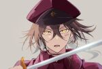  1boy black_hair bungou_stray_dogs cape collared_jacket facial_mark grey_background hat holding holding_sword holding_weapon jacket long_hair looking_at_viewer male_focus military_hat mokeo0315 open_mouth portrait red_cape red_headwear red_jacket solo suehiro_tetchou_(bungou_stray_dogs) sword teardrop_facial_mark tsurime twitter_username weapon yellow_eyes 