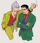  2boys belt black_belt blazer cigarette closed_mouth collared_shirt commentary_request cowboy_shot cropped_legs crossed_arms gin_to_kin green_jacket green_pants grey_background grey_hair hair_slicked_back hand_in_pocket hirai_ginji holding holding_cigarette inudori jacket looking_afar low_ponytail male_focus morita_tetsuo multiple_boys necktie old old_man open_mouth orange_shirt pants purple_necktie red_shirt shirt short_hair simple_background smoke spiky_hair suit yellow_jacket yellow_pants 