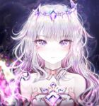  1girl bare_shoulders chest_jewel collar colored_inner_hair commentary crown crystal detached_collar dress gem gradient_hair grey_hair hololive hololive_english jewel_under_eye koseki_bijou long_hair looking_at_viewer multicolored_hair pink_hair purple_gemstone seeledayo solo violet_eyes virtual_youtuber white_collar 