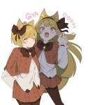  1boy 1girl animal_ears blonde_hair blush bow bowtie brown_bow brown_bowtie brown_hairband capelet cat_ears closed_eyes closed_mouth gao green_eyes hair_bow hairband highres lobotomy_corporation long_hair long_sleeves mu46016419 open_mouth orange_capelet orange_skirt project_moon puffy_long_sleeves puffy_sleeves shirt simple_background skirt smile tiphereth_a_(project_moon) tiphereth_b_(project_moon) very_long_hair white_background white_shirt 