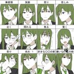  1boy black_jacket blush brown_hair collared_shirt commentary_request crying cup double-parted_bangs drinking enkephalin_(project_moon) expression_chart green_hair green_necktie highres holding holding_cup jacket lobotomy_corporation long_hair mu46016419 multiple_views necktie netzach_(project_moon) open_mouth portrait project_moon shirt sidelocks smile surprised sweat translation_request very_long_hair white_shirt 