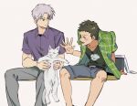  2boys absurdres akagi:_yami_ni_oritatta_tensai akagi_shigeru animal belt black_belt black_shirt cat closed_eyes closed_mouth commentary_request expressionless feet_out_of_frame freckles green_shirt grey_cat grey_hair grey_pants grey_shorts highres holding holding_animal holding_cat inudori invisible_chair looking_at_animal male_focus multiple_boys nozaki_osamu open_clothes open_mouth open_shirt pants parted_bangs plaid plaid_shirt purple_shirt shirt short_bangs short_hair short_sleeves shorts simple_background sitting smile very_short_hair 