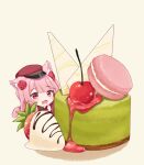  1girl :d absurdres animal_ears blush cat_ears cat_girl cat_tail cherry chibi drooling fang food food_focus fruit hat highres kemonomimi_mode macaron matcha_(food) matcha_castella mini_person minigirl mouth_drool nijisanji nijisanji_en pink_eyes rosemi_lovelock rosemi_lovelock_(2nd_costume) skin_fang sleepypudding smile solo strawberry tail 