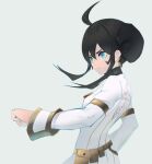  1girl arc_the_lad black_hair blue_eyes breasts clenched_hand closed_mouth earrings jewelry long_hair protected_link ringed_eyes save_scene_a simple_background solo white_background 