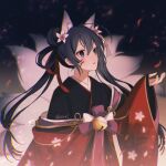  1girl animal_ear_fluff animal_ears bell black_background black_eyes black_hair black_kimono bungou_stray_dogs cowboy_shot facial_mark falling_petals flower fox_ears fox_girl fox_tail hair_flower hair_ornament hand_up izumi_kyouka_(bungou_stray_dogs) japanese_clothes kimono long_hair multiple_tails petals sleeves_past_wrists standing tail tohoko_kiri twintails wide_sleeves 