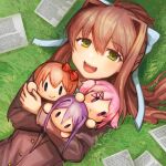  1girl :&lt; :d blazer blurry bow brown_hair brown_jacket buchi0122 buttons censored_text character_doll closed_mouth doki_doki_literature_club grass green_eyes hair_between_eyes hair_bow hair_ornament hairclip highres holding holding_stuffed_toy jacket light_blush long_hair long_sleeves looking_at_viewer lying monika_(doki_doki_literature_club) natsuki_(doki_doki_literature_club) on_back on_ground open_mouth paper pink_hair plant ponytail purple_hair red_bow sayori_(doki_doki_literature_club) short_hair smile solo stuffed_toy teeth upper_body upper_teeth_only white_bow x_hair_ornament yuri_(doki_doki_literature_club) |_| 
