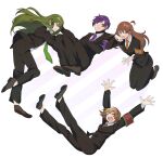  2boys 2girls armband arms_up black_footwear black_jacket black_pants brown_hair collared_shirt crossed_arms green_hair green_necktie hairband heart highres hod_(project_moon) jacket lobotomy_corporation long_hair malkuth_(project_moon) mu46016419 multiple_boys multiple_girls necktie netzach_(project_moon) orange_necktie pants project_moon purple_hair red_hairband shirt shoes short_hair smile uniform very_long_hair white_shirt yesod_(project_moon) 