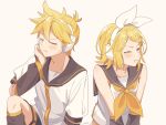  1boy 1girl :t ahoge angry annoyed bare_shoulders black_sailor_collar black_shorts black_sleeves blonde_hair blush bow brother_and_sister cheek_rest detached_sleeves flat_chest hair_bow hair_ornament hairclip headphones headset highres kagamine_len kagamine_rin leg_warmers m0ti neckerchief necktie number_tattoo pout sailor_collar sailor_shirt shirt short_hair short_ponytail shorts shoulder_tattoo siblings sleeveless sleeveless_shirt spiky_hair swept_bangs tattoo tearing_up twins vocaloid white_bow yellow_neckerchief yellow_necktie 