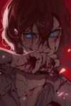  1boy absurdres blood blood_on_face blood_on_hands blue_eyes bungou_stray_dogs collarbone collared_shirt grey_shirt grin hand_up highres long_hair looking_at_viewer male_focus nakahara_chuuya partially_unbuttoned red_background redhead shirt simple_background smile solo upper_body v-shaped_eyebrows vancy 
