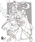  3girls ahoge alice_zuberg armor armored_boots armored_dress artoria_pendragon_(fate) boots crossover excalibur_(fate/stay_night) fate/stay_night fate_(series) gauntlets greyscale highres holding holding_sword holding_weapon jgeorgedrawz knight long_hair looking_at_another monochrome multiple_girls osmanthus_blade saber shoulder_armor simple_background standing suitcase sword sword_art_online sword_art_online:_alicization very_long_hair violet_evergarden violet_evergarden_(series) weapon 