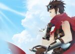  1boy alec_(arc_the_lad) arc_the_lad arc_the_lad_iii brown_eyes brown_hair cape closed_mouth clouds gloves goggles jewelry male_focus necklace protected_link red_cape save_scene_a short_hair smile solo sword weapon 