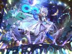  1girl asymmetrical_gloves asymmetrical_legwear bird blue_gloves blue_thighhighs boots breasts chinese_commentary concert csyday disco_ball dragon earpiece gloves glowstick green_eyes grey_hair hair_between_eyes hair_rings highres holding holding_microphone infinity_symbol knee_boots long_hair looking_at_viewer luo_tianyi medium_breasts microphone mismatched_gloves mismatched_legwear open_mouth outstretched_arm short_sleeves smile solo stage stage_lights standing teeth thigh-highs uneven_gloves upper_teeth_only very_long_hair vocaloid vsinger white_footwear white_gloves white_thighhighs 