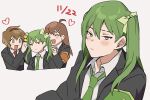  1boy 2girls blush bow brown_eyes brown_hair brown_necktie closed_eyes closed_mouth collared_shirt earrings green_bow green_hair green_necktie hair_bow highres hod_(project_moon) jewelry lobotomy_corporation long_hair malkuth_(project_moon) mu46016419 multiple_girls necktie netzach_(project_moon) open_mouth project_moon red_necktie shirt simple_background smile twintails very_long_hair white_background white_shirt yellow_eyes 