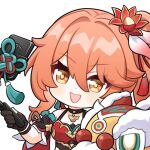  1girl :d black_gloves chibi chinese_clothes detached_sleeves fingerless_gloves gloves guinaifen_(honkai:_star_rail) honkai:_star_rail honkai_(series) jiu_fanglianhua long_hair open_mouth orange_hair phone red_headwear selfie selfie_stick simple_background smile taking_picture v-shaped_eyebrows white_background yellow_eyes 