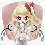  1girl aorin_oekaki blonde_hair buttons crystal fang flandre_scarlet hair_between_eyes highres long_hair one_side_up open_mouth red_eyes shirt sleeves_past_fingers sleeves_past_wrists solo touhou upper_body white_shirt wings 