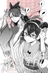  2girls absurdres bungou_stray_dogs closed_mouth cowboy_shot double_bun fur-trimmed_collar greyscale greyscale_with_colored_background hair_bun hair_over_one_eye hairband hands_up haveanicedream highres izumi_kyouka_(bungou_stray_dogs) japanese_clothes kimono long_hair looking_at_viewer monochrome multiple_girls ozaki_kouyou_(bungou_stray_dogs) pink_background smile standing wide_sleeves 