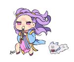  1girl azu_(kirara310) blush chibi chinese_clothes commission fate/grand_order fate_(series) forehead forehead_blush fou_(fate) hair_ornament hair_scrunchie hanfu holding holding_instrument instrument kyoufuu_all_back_(vocaloid) long_hair parody pink_eyes purple_hair recorder scrunchie skeb_commission skipping solo wu_zetian_(fate) yellow_scrunchie 