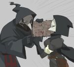  1boy 1girl angry black_cape black_gloves black_hood black_sclera blush book brown_bag cape colored_sclera cowboy_shot english_text gloves grey_background highres hood hood_up long_sleeves mr_plagu3 open_book original plague_doctor plague_doctor_mask pointing simple_background tears white_eyse wide_sleeves 