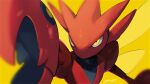  bug colored_skin horns insect_wings no_humans pincers pokemon pokemon_(creature) red_skin scizor simple_background solo wings yasaikakiage yellow_background yellow_eyes 