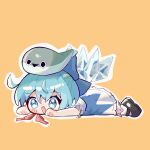  1girl animal_on_head aqua_hair black_footwear black_mouth blue_dress blue_eyes blush_stickers chibi cirno cirno2007_(kuzucirno) dress fairy_wings fish fish_on_head full_body ice ice_wings lying neck_ribbon on_head on_stomach open_mouth outline puffy_short_sleeves puffy_sleeves red_ribbon ribbon sacabambaspis shoes short_hair short_sleeves simple_background smile solo touhou triangle_mouth white_outline wings yellow_background 