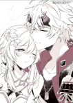 1boy 1girl asfj_w closed_eyes dog_tags earrings flower genshin_impact hair_flower hair_ornament hetero japanese_clothes jewelry lumine_(genshin_impact) one_eye_closed short_hair short_hair_with_long_locks thoma_(genshin_impact) twitter_username white_background