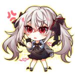  1girl anger_vein black_bow black_skirt bow bowtie cellphone chibi commentary_request full_body grey_hair grey_shirt hair_between_eyes hair_bow hand_up highres holding holding_phone kuzuha_(nijisanji) long_hair messy_hair miniskirt nijisanji open_mouth phone red_eyes shirt simple_background skirt smartphone solo standing takuga twintails very_long_hair virtual_youtuber white_background 
