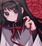  1girl akemi_homura black_hair black_hairband closed_mouth floral_background hairband highres holding holding_ribbon keropiki long_hair long_sleeves looking_at_viewer magical_girl mahou_shoujo_madoka_magica portrait red_background red_ribbon ribbon solo violet_eyes 