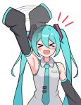  &gt;_&lt; 1girl :d afterimage aqua_hair arm_up armpits bare_shoulders black_sleeves blush blush_stickers closed_eyes collared_shirt commentary_request detached_sleeves facing_viewer hair_between_eyes hatsune_miku highres kumada_gaon long_hair looking_at_viewer motion_lines necktie notice_lines open_mouth shirt simple_background sleeves_past_fingers sleeves_past_wrists smile solo twintails upper_body very_long_hair vocaloid waving white_background white_shirt 