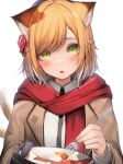  1girl :o absurdres animal_ear_fluff animal_ears arknights black_necktie braid brown_coat coat food fork green_eyes highres holding holding_fork holding_plate long_sleeves looking_at_viewer mousse_(arknights) mousse_(campfire_cooking_smoke)_(arknights) necktie official_alternate_costume orange_hair plate red_scarf scarf shirt simple_background solo tab_head upper_body white_background white_shirt 