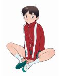  11kkr 1boy blue_eyes blue_shorts blue_socks brown_hair closed_mouth fingernails green_footwear ikari_shinji jacket long_sleeves looking_at_viewer male_focus neon_genesis_evangelion parted_bangs puffy_long_sleeves puffy_sleeves red_jacket shoes short_hair shorts simple_background sitting socks solo track_jacket two-tone_footwear white_background white_footwear zipper 