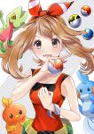  1girl absurdres bare_shoulders bow bracelet brown_hair collarbone commentary_request fanny_pack great_ball grey_eyes hair_bow highres holding holding_poke_ball i6junvexcwkzmf8 jewelry looking_at_viewer lower_teeth_only may_(pokemon) mudkip open_mouth poke_ball pokemon pokemon_(creature) pokemon_(game) pokemon_oras red_bow red_shirt shirt sleeveless sleeveless_shirt sweatdrop teeth torchic treecko ultra_ball upper_body 