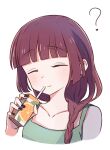  ? black_nails blunt_bangs blush bocchi_the_rock! braid brown_hair closed_eyes closed_mouth cropped_arms cropped_shoulders dot_nose drinking_straw earrings facing_viewer food fruit green_shirt hair_over_shoulder highres hiroi_kikuri holding_carton jewelry juice_carton long_hair orange_(fruit) orange_juice portrait ra_ru_ni shirt simple_background sleeveless sleeveless_shirt spaghetti_strap white_background 