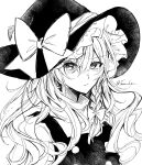 1girl annin_cha artist_name bow braid dress expressionless hair_bow hat highres kirisame_marisa large_hat long_hair looking_at_viewer monochrome shirt single_braid sketch solo touhou white_background witch_hat 